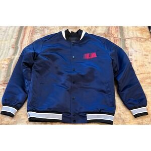 The midnight Mens Bomber Jacket LA Chest Graphic Blue Classic Snap Front Size S